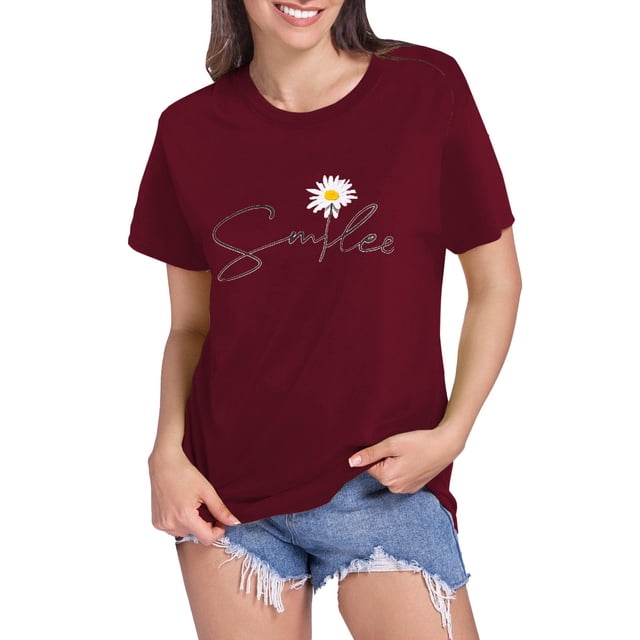 LUOGENLI T-shirts pour Femmes Motif Tournesol Col Rond Manches Courtes T-shirts Graphiques Saint-Valentin Vin m