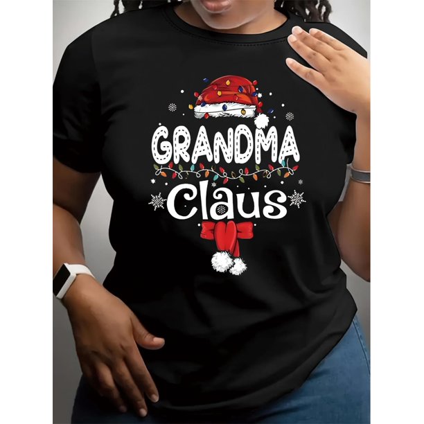 Camiseta navideña de abuela Claus para mujer, cuello redondo, informal, de algodón, con estampado festivo, manga corta, cómoda para todas las estaciones.