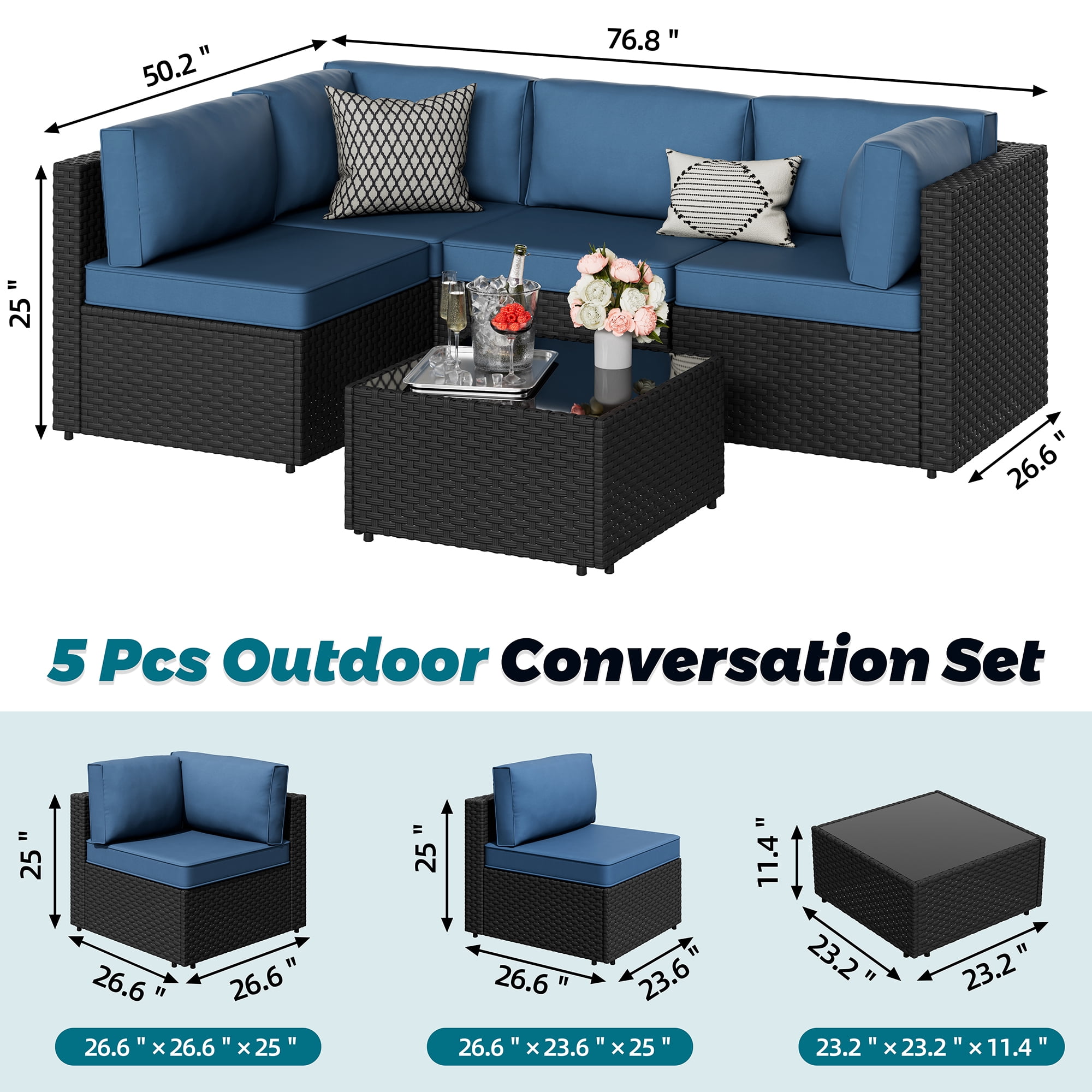 Walsunny 5 Pieces Outdoor Furniture Patio Sectional Sofa Set, Wicker Rattan Conversation Sets with Cushions and Glass Table, Black Rattan Dark Blue Cushions