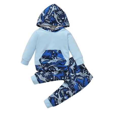 

Honeeladyy Newborn Infant Baby Dinosaur Printed Hoodie Pullover Tops + Dinosaur Pants Sets Light blue