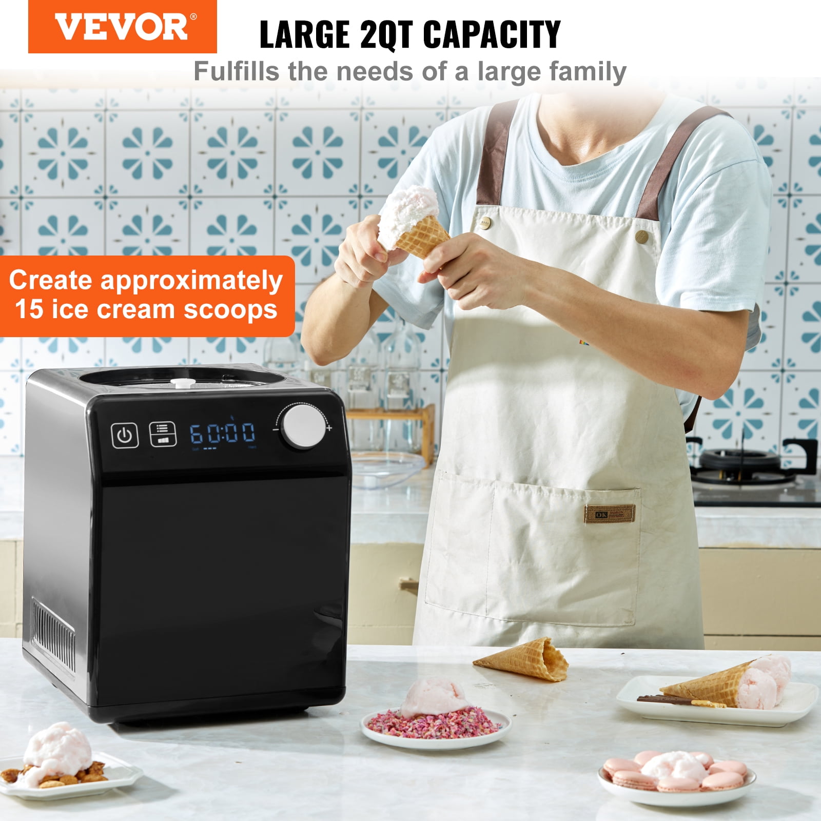 VEVOR Upright Automatic Ice Cream Maker with Built-in Compressor, 2 Quart No Pre-freezing Fruit Yogurt Machine, Stainless Steel Electric Sorbet Maker, 4 Modes Gelato Maker