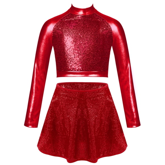 Linjinx Kids Girls Jazz Latin Dance Costume Set Sequin Sparkle Crop Top Skirt Mock Neck Long Sleeve Skort Outfits Red 6