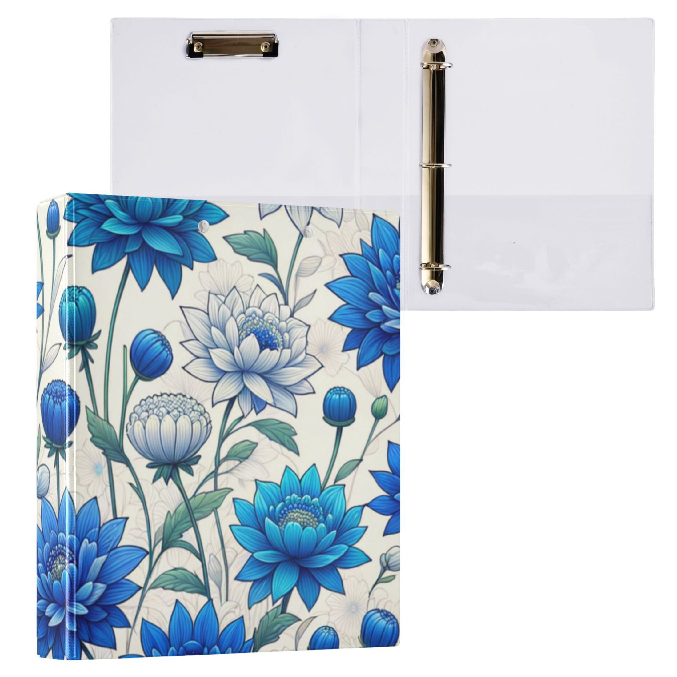 Flowers and Floral Blue 3 Ring Binders 1.5 inch Hardcover File Folders with Interior Pockets A4 Size Organizer for School Office Hospital