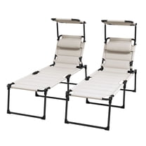Beige Folding Chaise Lounge Chairs Set of 2, Outdoor Sun Loungers with Sunroof & Headrest, 4-Position Reclining Patio Beach Chairs, Portable Sun Tanning Beds