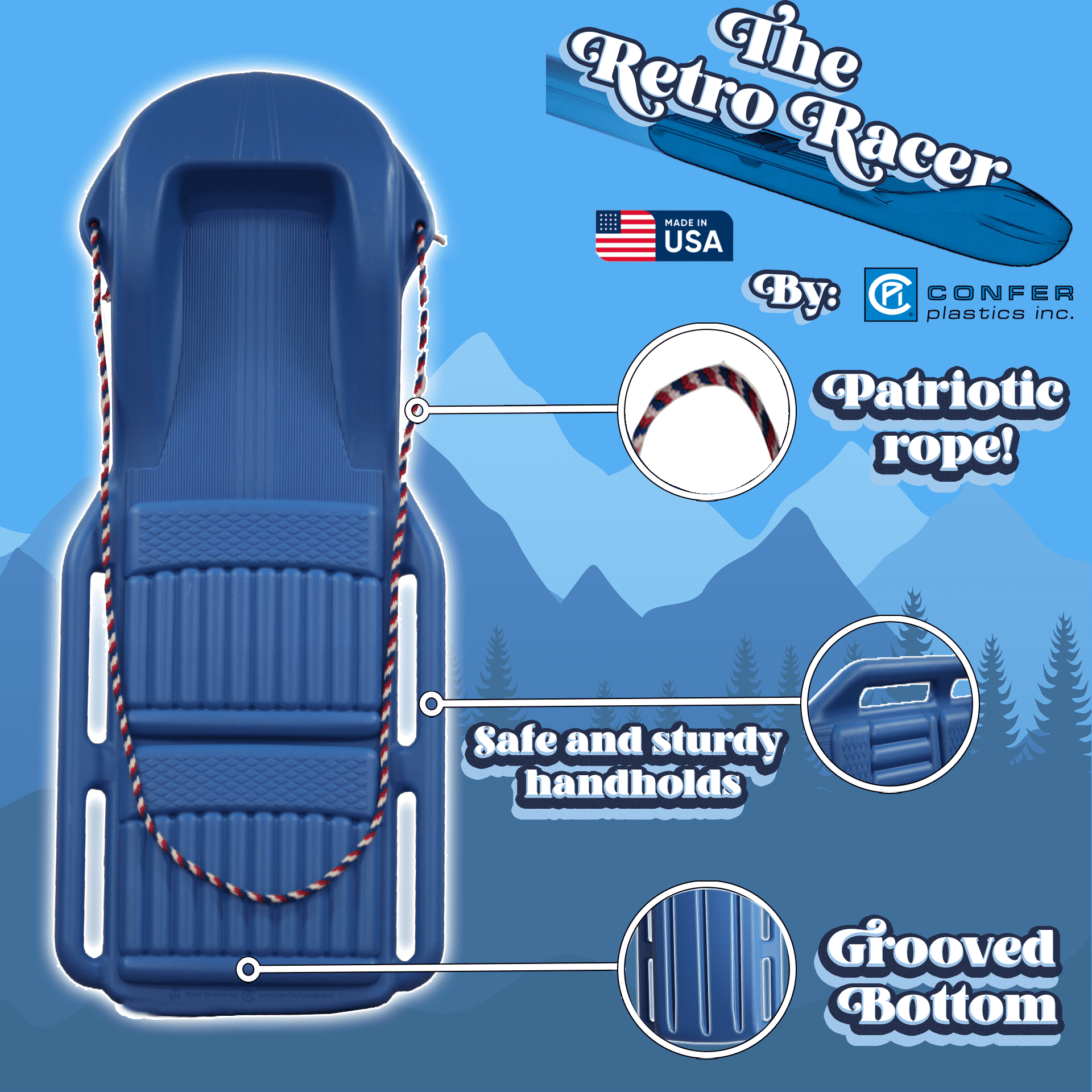 The Original Retro Racer Snow Sled by Confer Plastics, Durable Design for All Ages, Made in USA. - Cool Blue