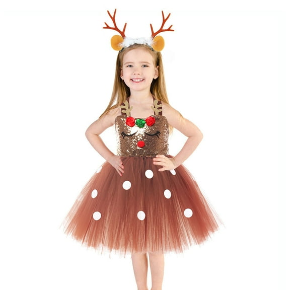 CAIVO Child Casual Dresses Tutu Dress For Girls With Reindeer Design Festive Holiday Party Gown Elegant Sleeveless Outfit Toddlers Kids Photo And Celebration Attire Soft O-Neck Sundress