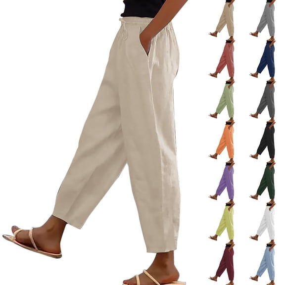 Women's Cotton Linen Nine Point Pants Elastic Waist Straight Leg with Pockets