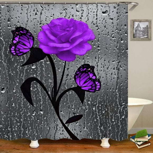 Bathroom Shower Curtains, Purple Rose Flower Butterfly Raindrop Waterproof Polyester Fabric Shower Curtain Sets Bathroom Curtains with 12Hooks (Purple, 72X72 inch)