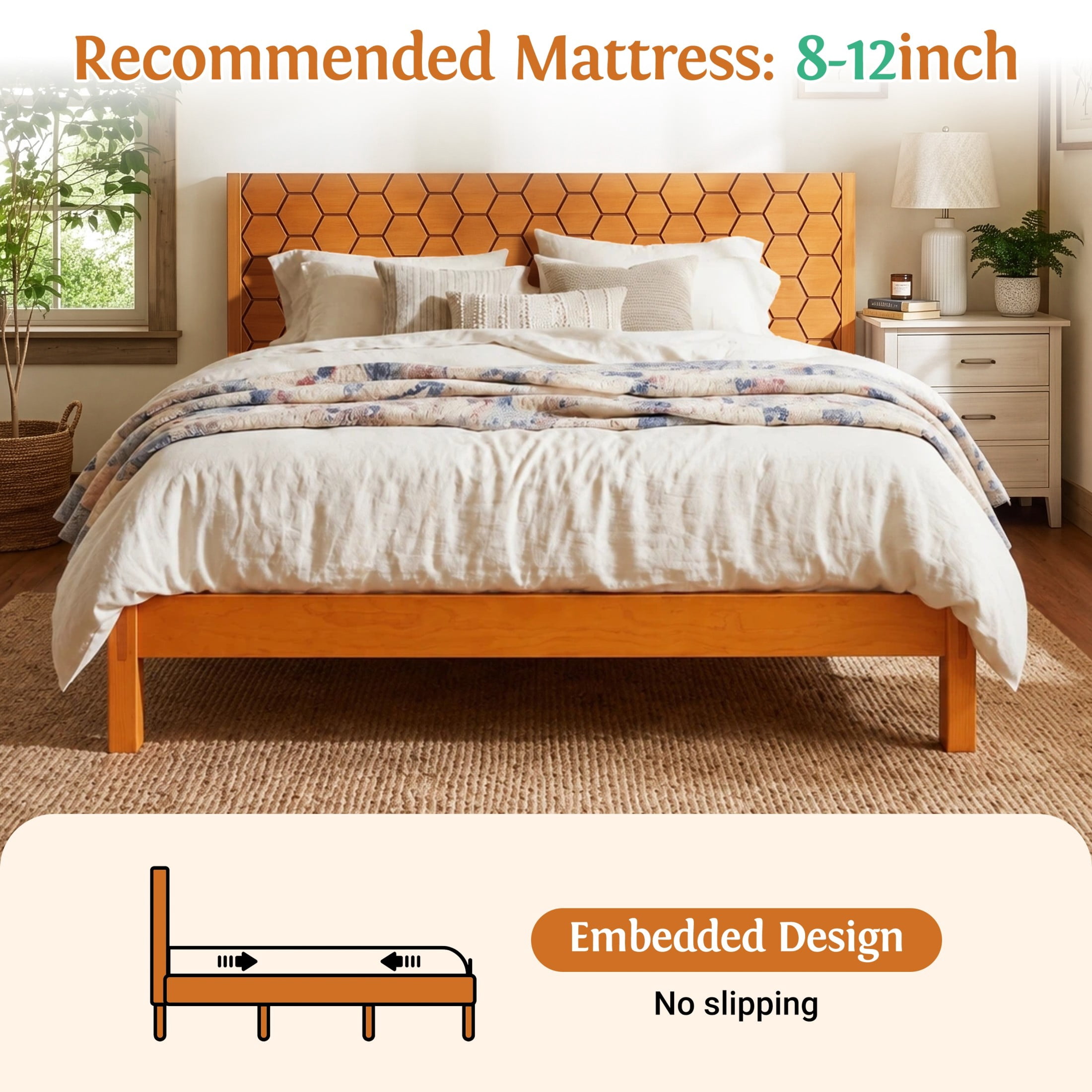 Christopher Knight Home Modern King Wooden Platform Bed Frame With Honeycomb Headboard, Golden Oak