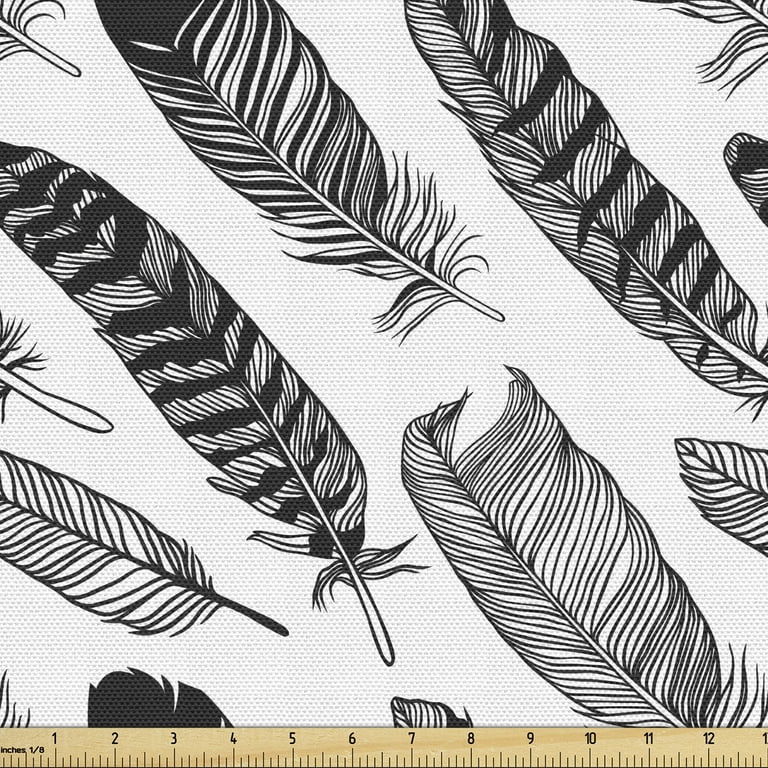 Boho Fabric by the Yard, Hand Drawn Bohemian Style Feathers Hippie