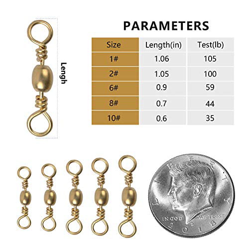 60PCS Strong Fishing Swivels with Solid Ring 100% Copper for Saltwater Freshwater Golden Sizes 1 2 6 8 10 Fishing Barrel Swivel Connector Tackle 