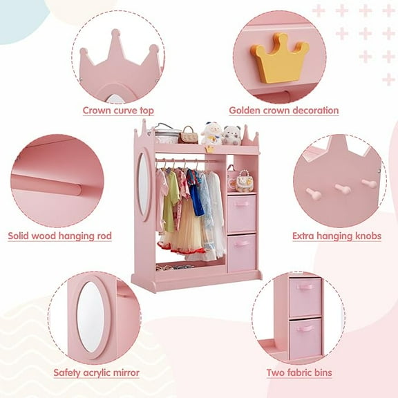 Kids Dress up Storage with Mirror, 2 Storage Bins & Cloth Hanger, Kids Play Armoire Dresser Pretend Storage Closet for Bedroom, Kids Room, Playroom