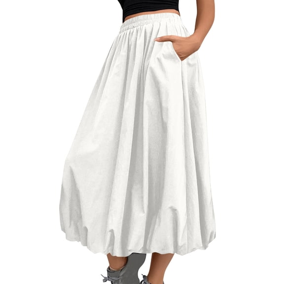 ZToonmas Women's Elastic Waist Bubble Hem Midi Skirt Voluminous A-Line Skirt with Side Pockets for Casual Wear