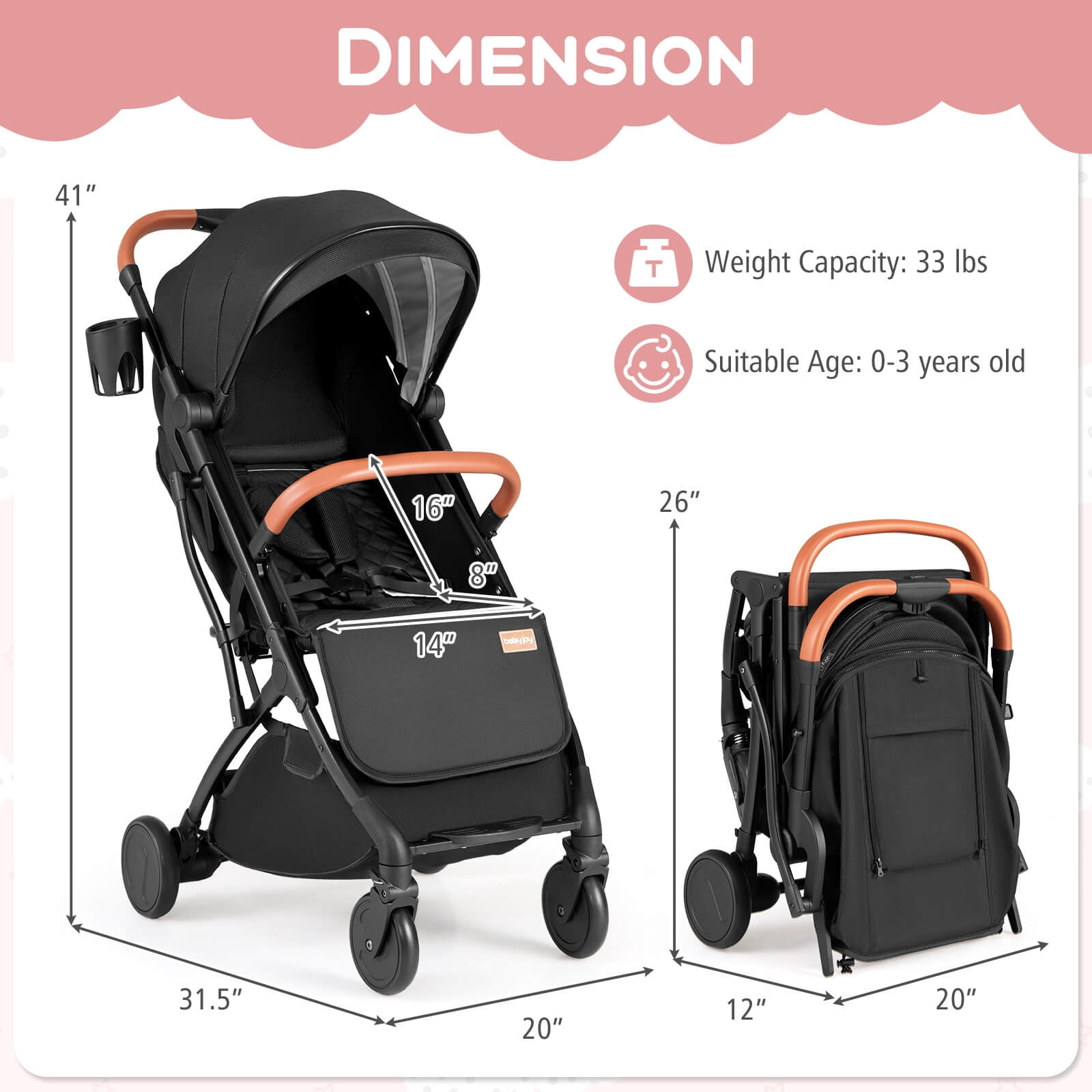 Costway Lightweight Baby Stroller with One-Hand Folding, Extendable Canopy, Storage Baske Black