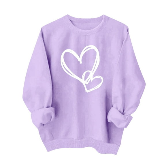 Valentines Shirt for Women Causal Heart Print Graphic Long Sleeve Oversized Blouse Tops Plus Size Crewneck Sweatshirt, Purple S
