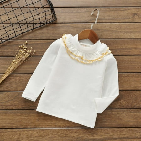 

Toddler Little Girls Long Sleeve Blouse 1-6 Years Kids Cotton Warm Shirts Baby Girl Basic Plain Ruffle Sleeve Cotton Tops Autumn Winter O-Neck T-Shirts White