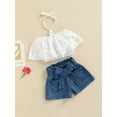 thumbnail image 3 of Caoirhny Toddlers Girls Two-Piece Outfits, Solid Color Lace Crochet Halter Neck T-Shirt + Waist Belt Decoration Denim Shorts, 3 of 9