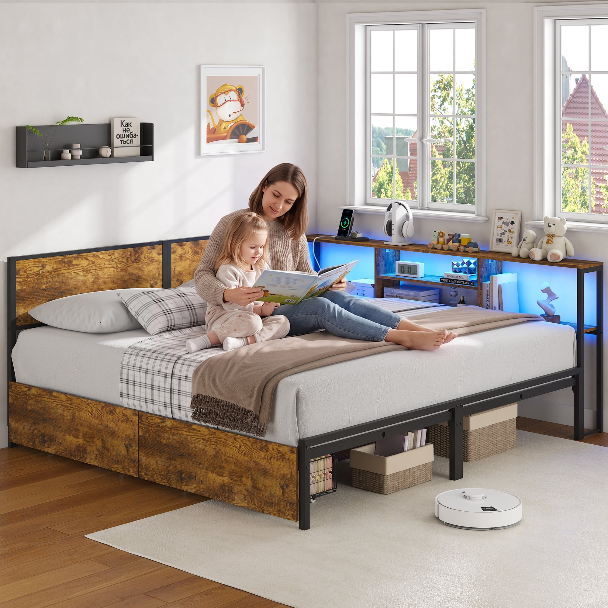 Miniyam King Size Bed Frame with Storage, 2-in-1 Convertible Twin Beds, LED & Charging Station, Brown