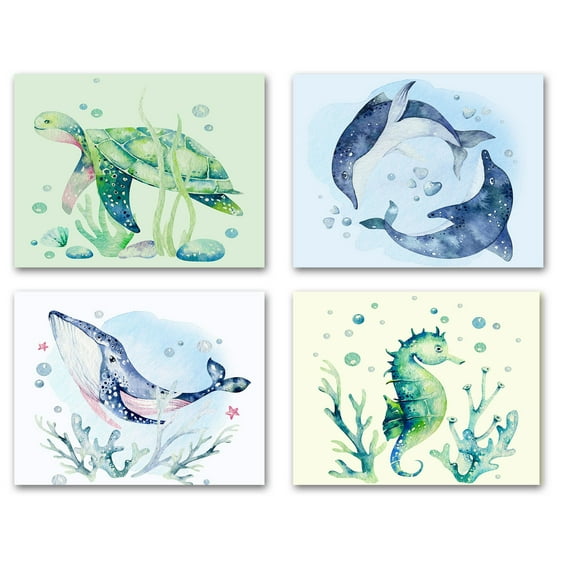 Small World Greetings Ocean Life Cards 24 Count - Blank Inside with Envelopes - Dolphins, Seahorse, Sea Turtle and Whale - A2 Size (5.5”x4.25”)