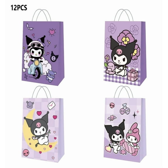 12 PCS Party Favor Candy Bags for Kuromi Cartoon Themed Birthday Supplies Decor Kraft Paper Gift Bag.