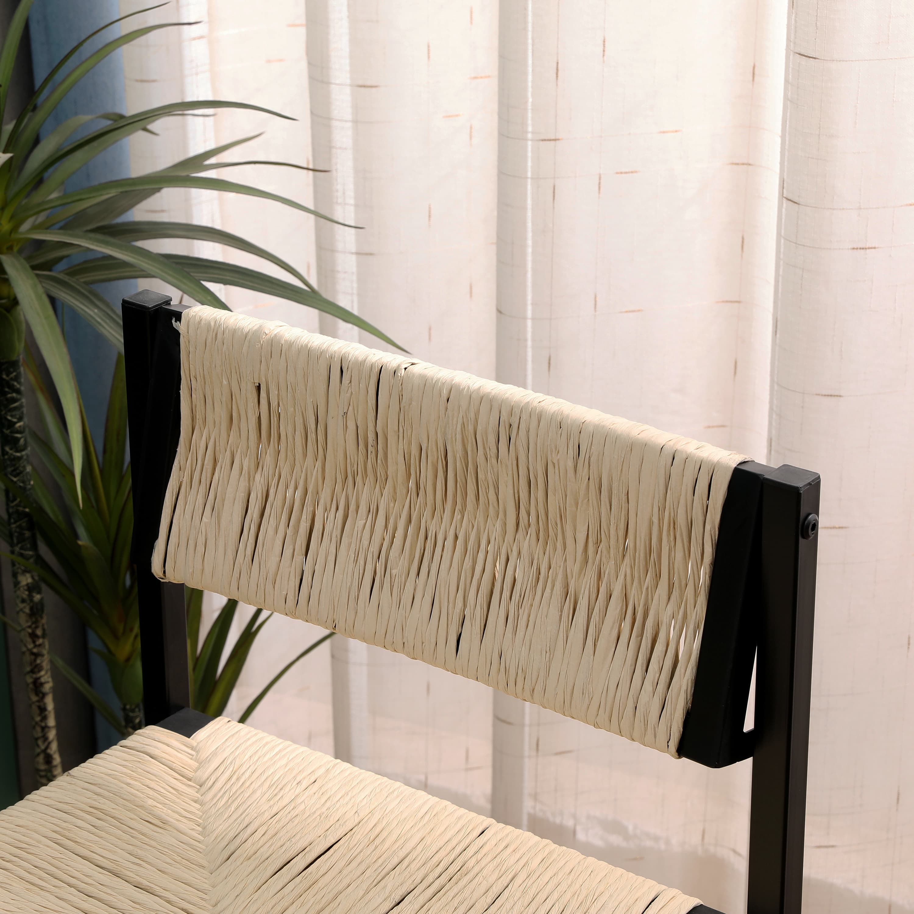 MAYEERTY Creamy White Paper Rope Woven Bar Stools Set of 2 - Handwoven Counter Stools with Footrest for Kitchen Island & Dining Room