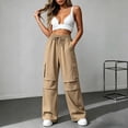 thumbnail image 6 of Cagogo Women Wide Leg Cargo Pants with Pockets Casual Loose Drawstring Long Trousers Summer Workout Lounge Beach Travel Utility Bottoms, Khaki S, 6 of 8