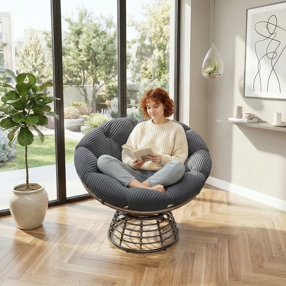 Peispie Corduroy Papasan Chair, 360° Swivel Wicker Rattan Accent Chair with Soft Thick Cushion, Ergonomic Round Saucer Chair for Living Room, Bedroom, 300 lbs, Grey