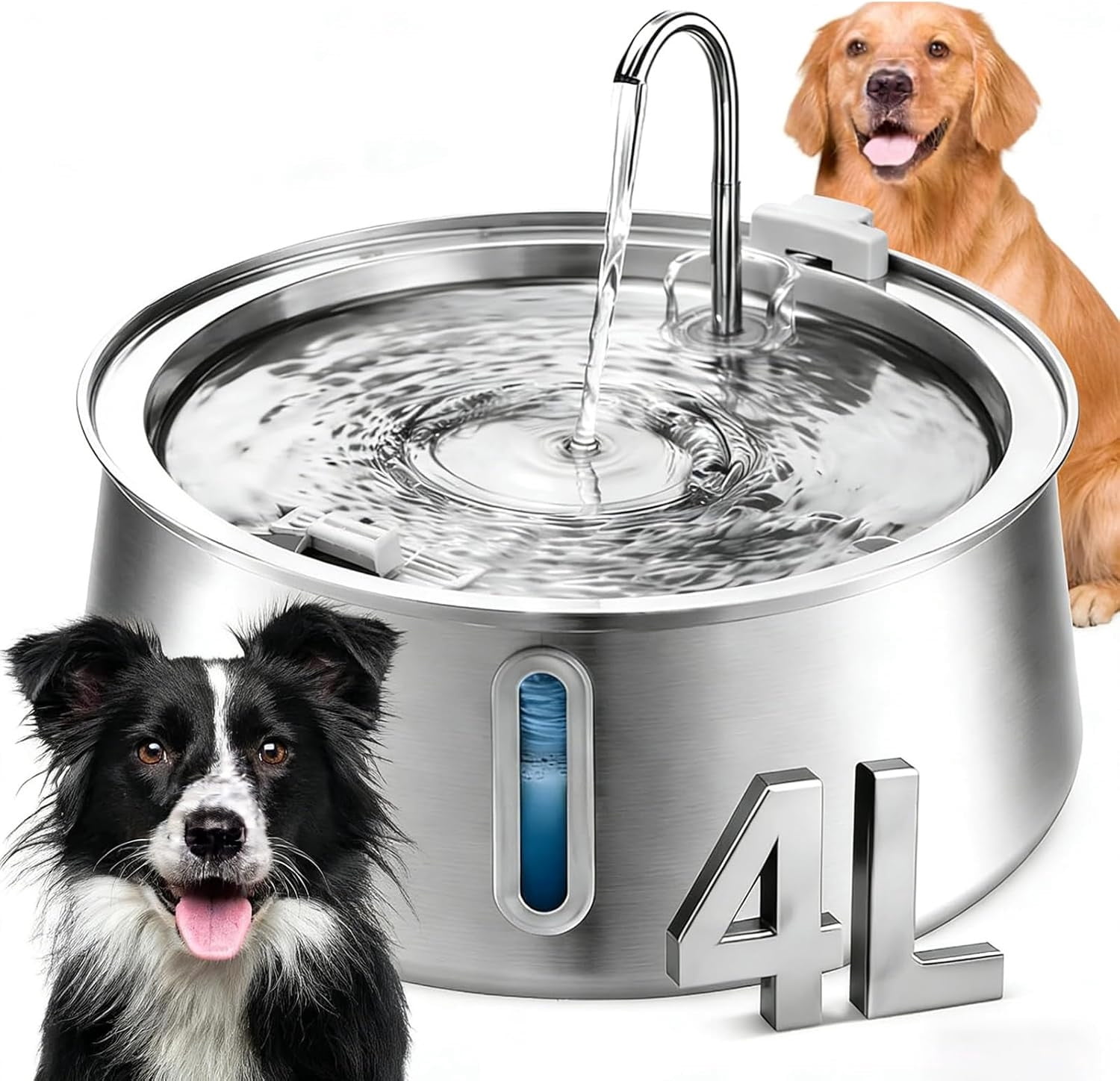 4L Stainless Steel Automatic Pet Water Fountain, Large Capacity Dog/Cat Water Dispenser with Filter, 1 Pack
