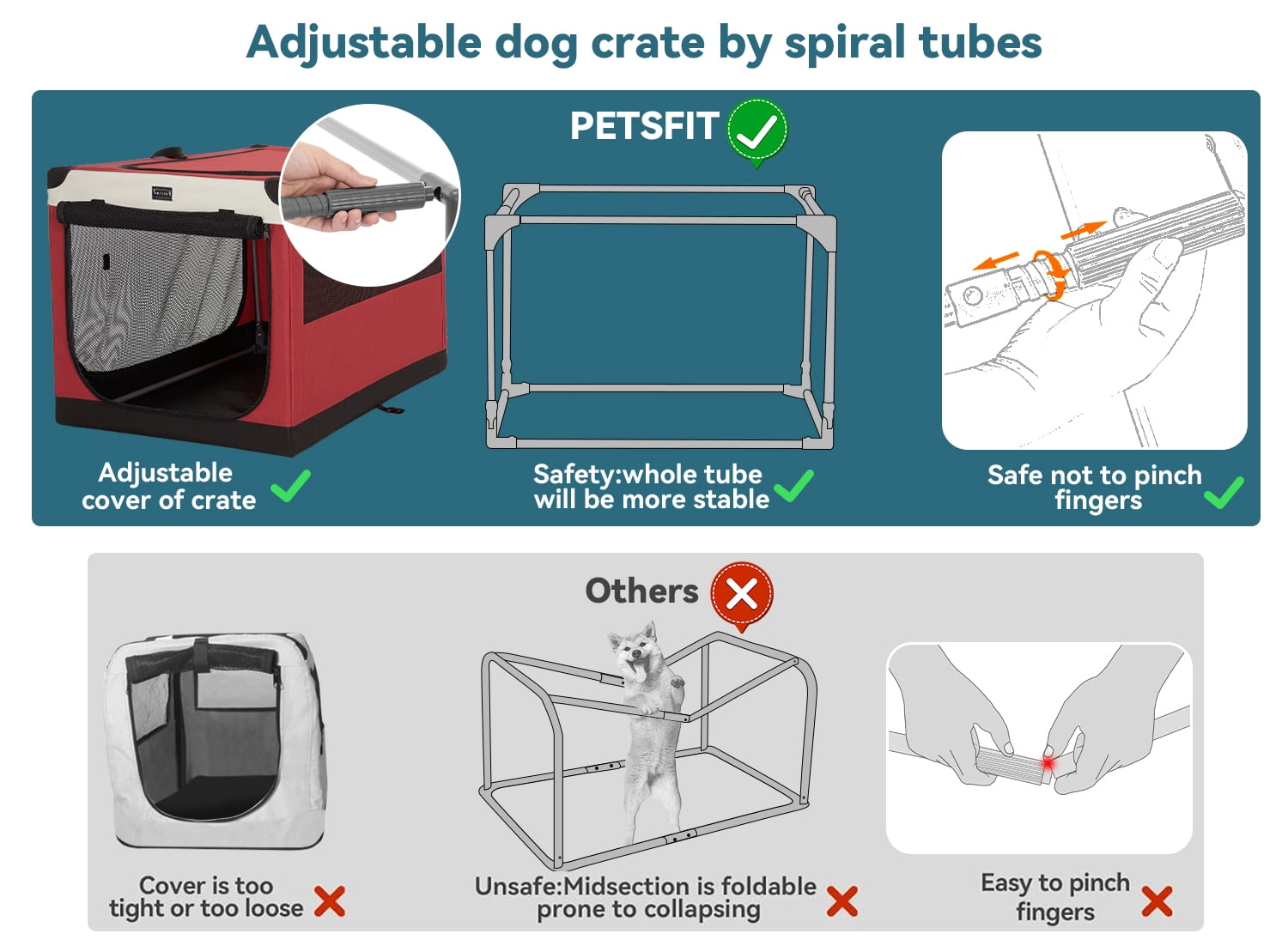 Petsfit 39.5 Inch Dog Kennel, Adjustable Fabric Cover by Spiral Iron Pipe, Chew Proof 3 Door Design, Soft Portable Dog Crate,Red