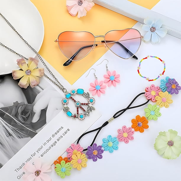 Set De Accesorios Hippie – Gafas Redondas, Diadema De Girasol Y Collar De La Paz, Estilo Años 60 Y 70