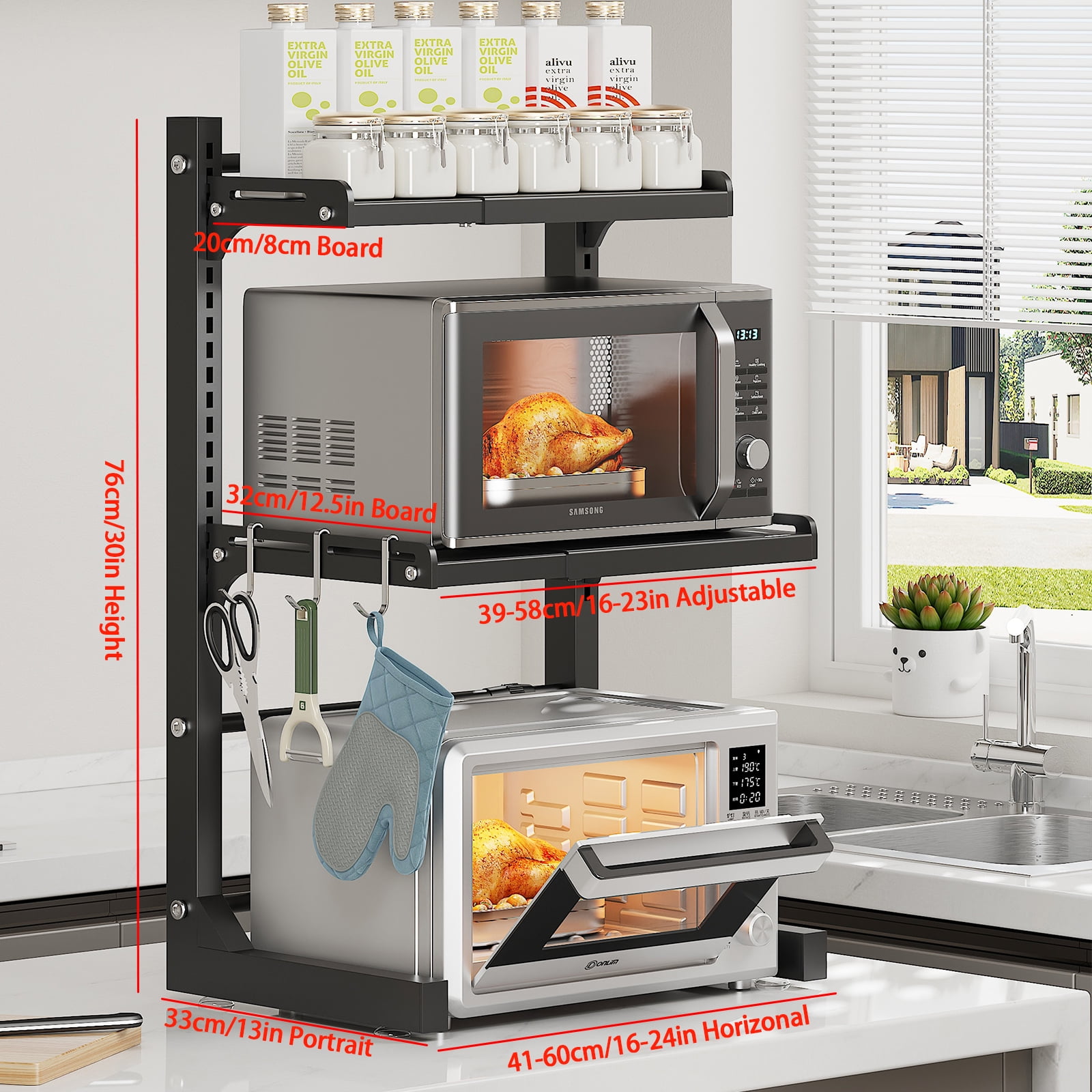 ABCOOL Retractable Adjustable 2 Axial Snap-in Kitchen Baker Microwave Oven Rack, 2 Tier Expandable and Height Adjustable Carbon Steel Shelf Counter Countertop with 3 Clip Hooks, Electric Oven Holder