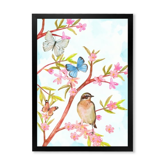 Clever Bird Sitting On Branch of A Spring Tree With Butterflies 30 in x 40 in Framed Painting Canvas Art Print, by Designart