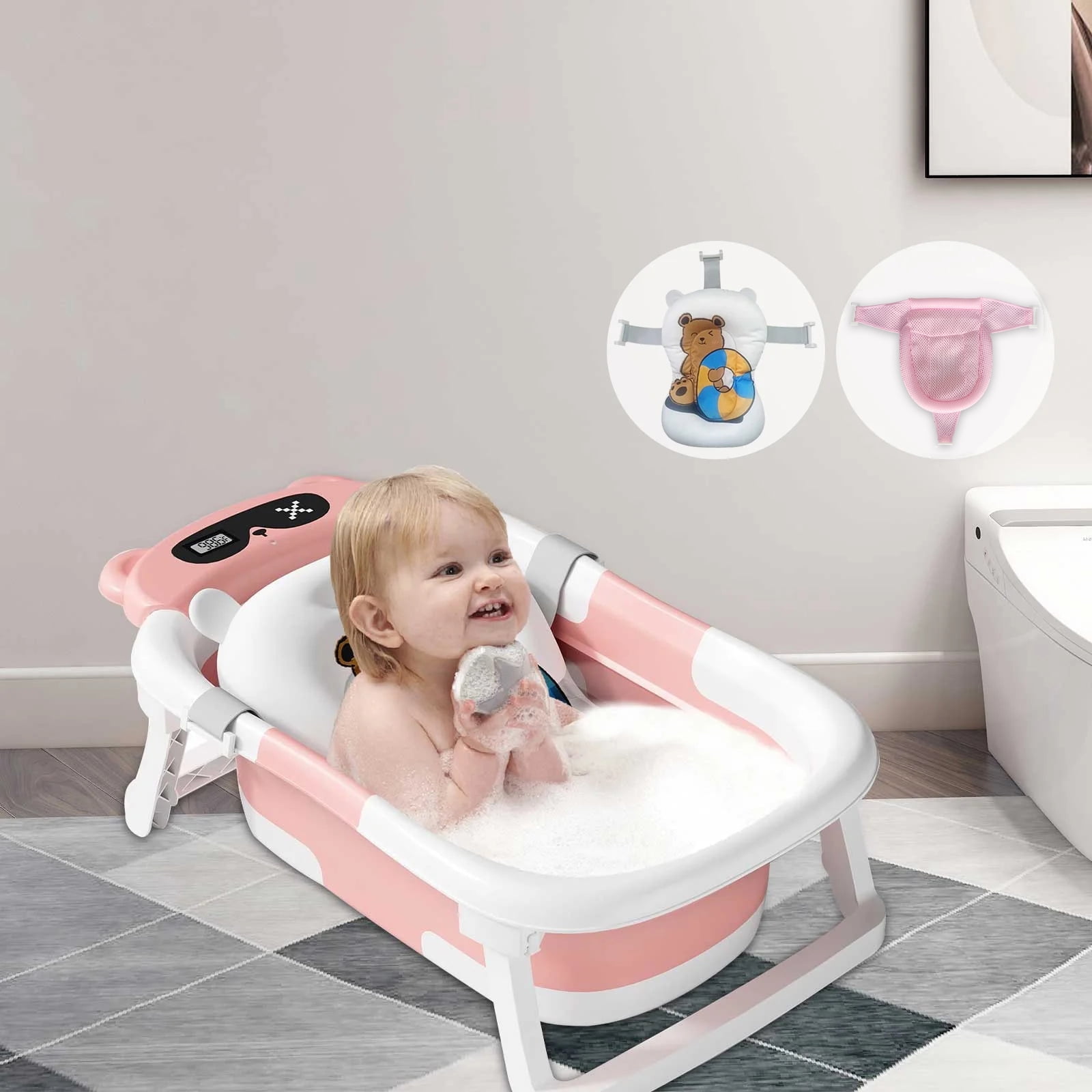stusgo Collapsible Baby Bathtub, Plastic Baby Bath Tub with Soft Cushion & Thermometer（Pink）