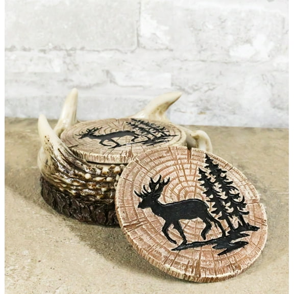 Rustic Western Forest Deer Antlers With Tree Rings Coasters And Holder Set