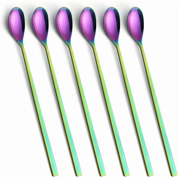 Long Handle Spoon, Rainbow Ice Tea Spoon, AOOSY 9-inch Premium 18/10 Stainless Steel Colorful Coffee Stirrers Coffee Spoons for Milks Tea Mixing Cocktail Stirring Coffee, Set of 6