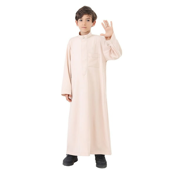 Arabic Thobe Kaftan Long Sleeve Robe National Embroidered Traditional Wear for Teenage Boys Comfortable Elegant Design