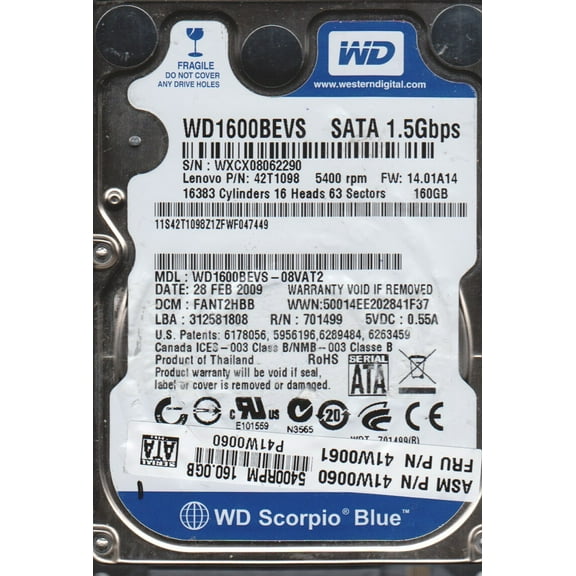 WD1600BEVS-08VAT2, DCM FANT2HBB, Western Digital 160GB SATA 2.5 Hard Drive