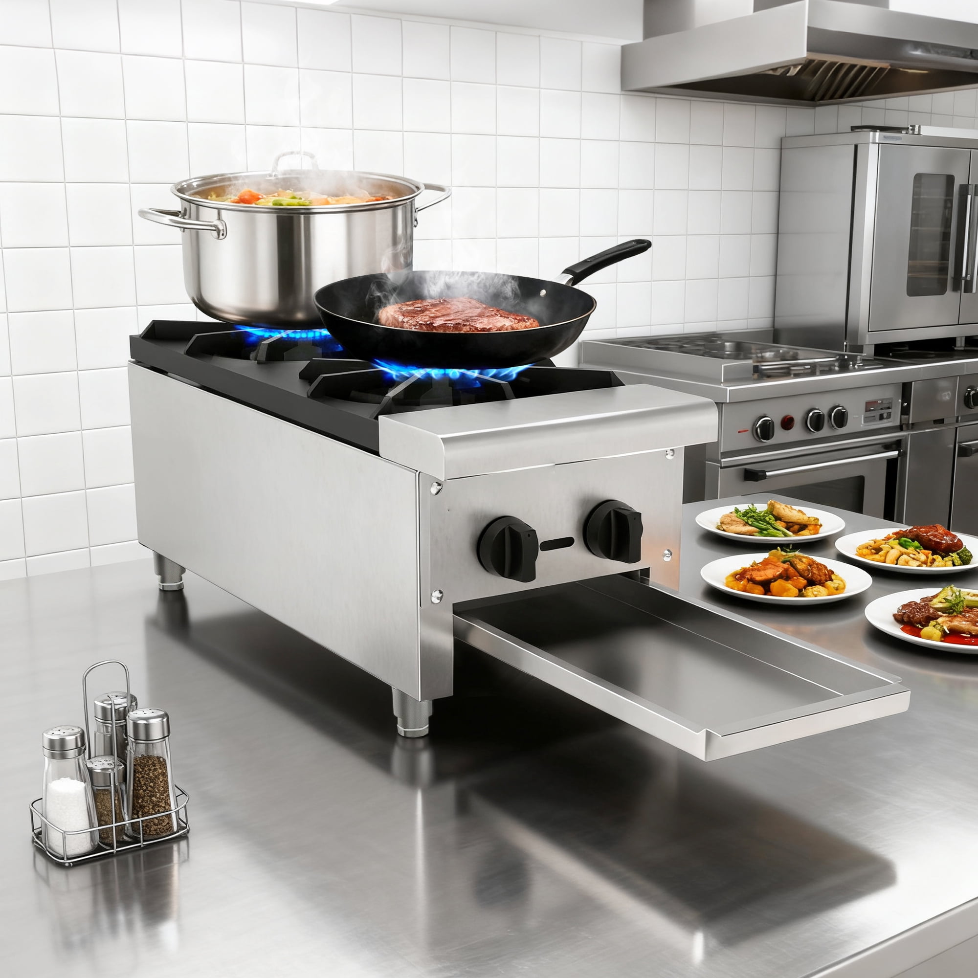 Olurrisa 56,000 BTU Commercial Gas Range, 2-Burner Stainless Steel Countertop Stove for Restaurant Kitchen, Natural Gas or Propane