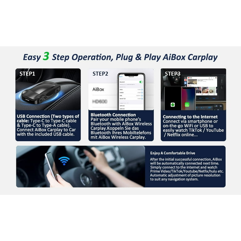 Herilary Wireless Apple CarPlay and Android Auto Adapter, Wireless Car Play Adapter Car Stereo AI Box Support Netflix//Tiktok/Google Play/TF