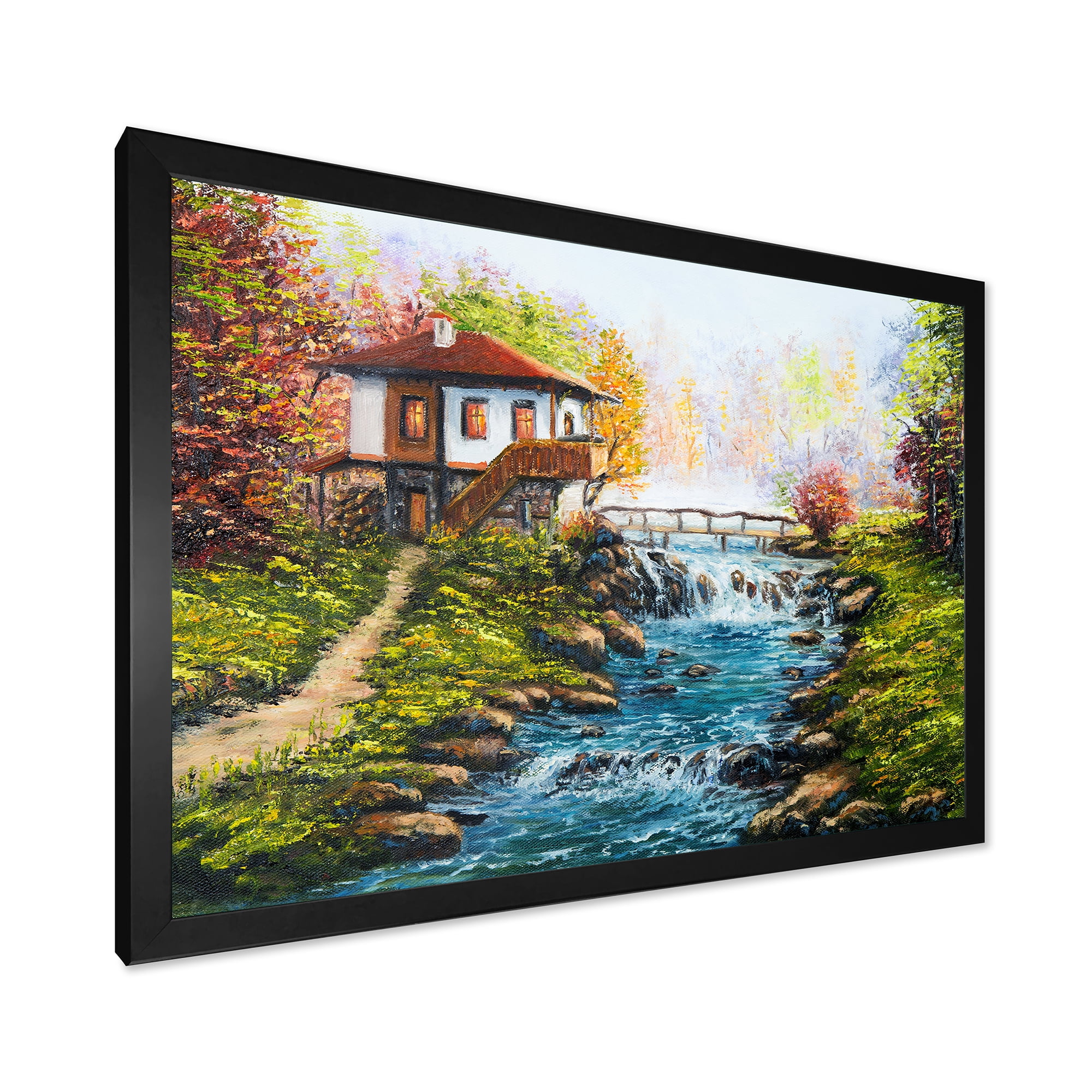 Designart 'Traditional Bulgarian River and House' Lake House Framed Art Print