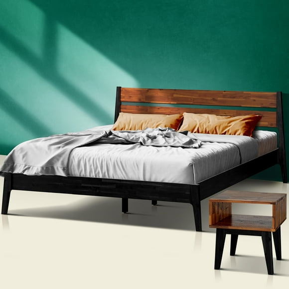 Acacia Callisto Solid Wood Bed with Headboard Platform Bed, Bedroom Furniture Set King Bed with Nightstand, Quick & Easy Assembly Works with A Variety of Mattresses, Black