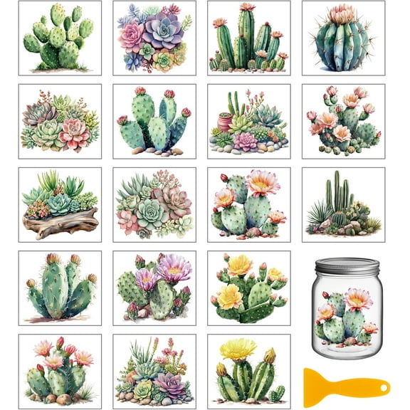 18 Sheets 3.9x3.6inch Cactus Rub on Transfer Colorful Succulent Vase Home Decals Plant Flowers Cup Transfer Stickers for Furniture Vase Glass Art Crafts Decorations Colorful