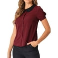 thumbnail image 4 of INSPIRE CHIC Women's Work Office Contrast Peter Pan Collar Short Sleeve Blouse Shirt S Wine Red, 4 of 6