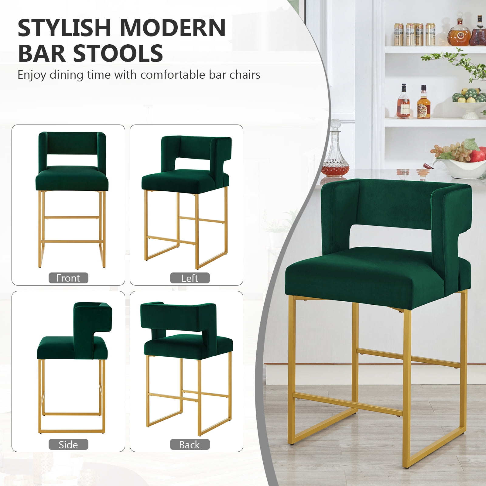 Lecut 26" H Counter Height Bar Stools Set of 2, Modern Velvet Bar Stools with Square Open Backrest and Gold Metal Frame, Kitchen Counter Stools for Island, Home Bar, Pub,Green+Gold