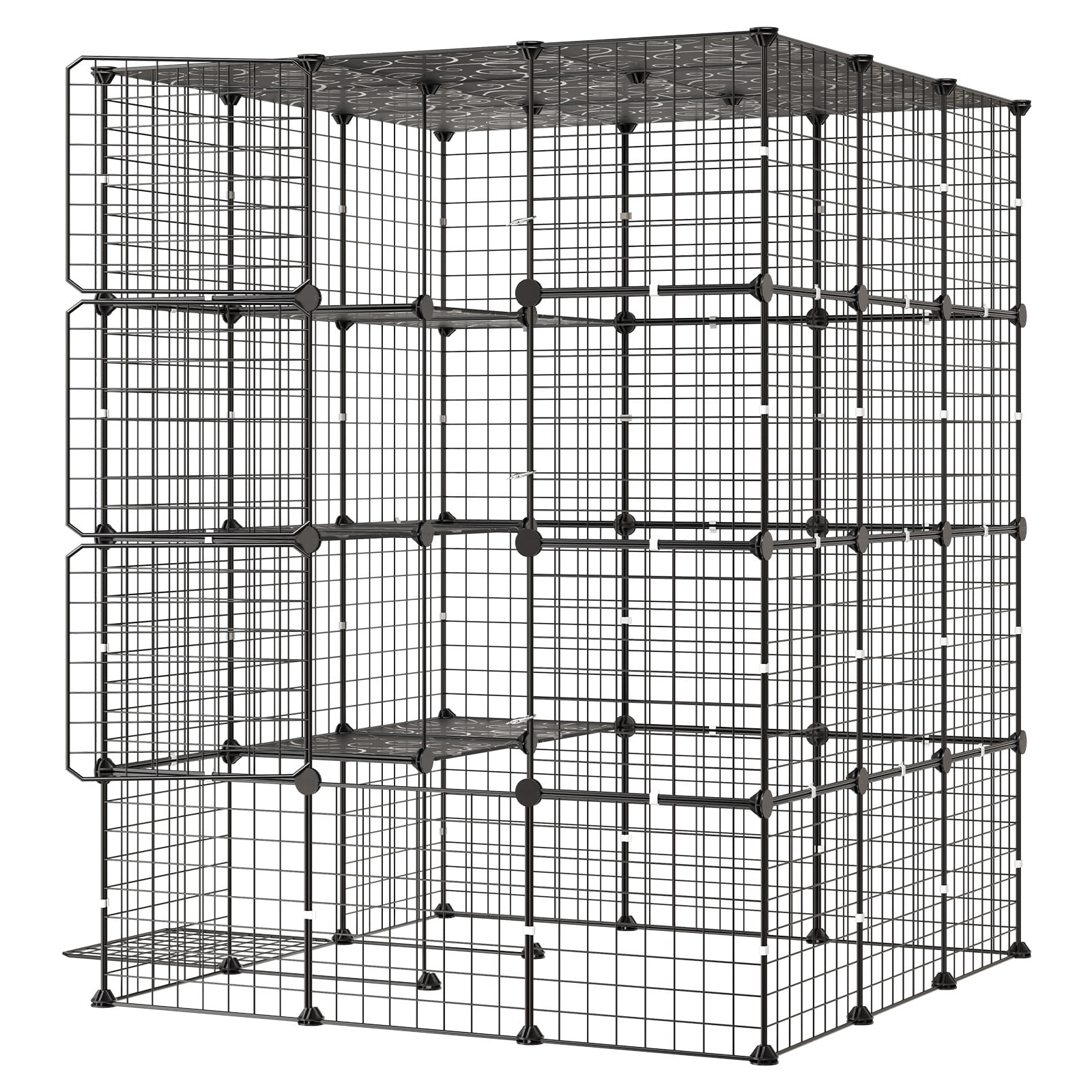 KFFKFF 4-Tier Cat Cage 40.98"x40.98"x55" DIY Indoor Playpen, Detachable Metal Wire Enclosure with 4 Doors, Spacious Exercise Area for 2-3 Cats, Kittens, or Small Pets, Black