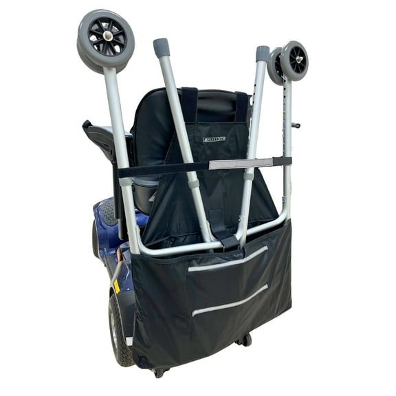 AlveyTech Universal Walker Holder for Mobility Scooters - Fits Most Scooters - Black Polyester Walker Holder with Attachment for Adult/Seniors (Deluxe)