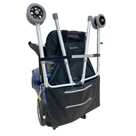 AlveyTech Universal Walker Holder for Mobility Scooters - Fits Most Scooters - Black Polyester Walker Holder with Attachment for Adult/Seniors (Deluxe)