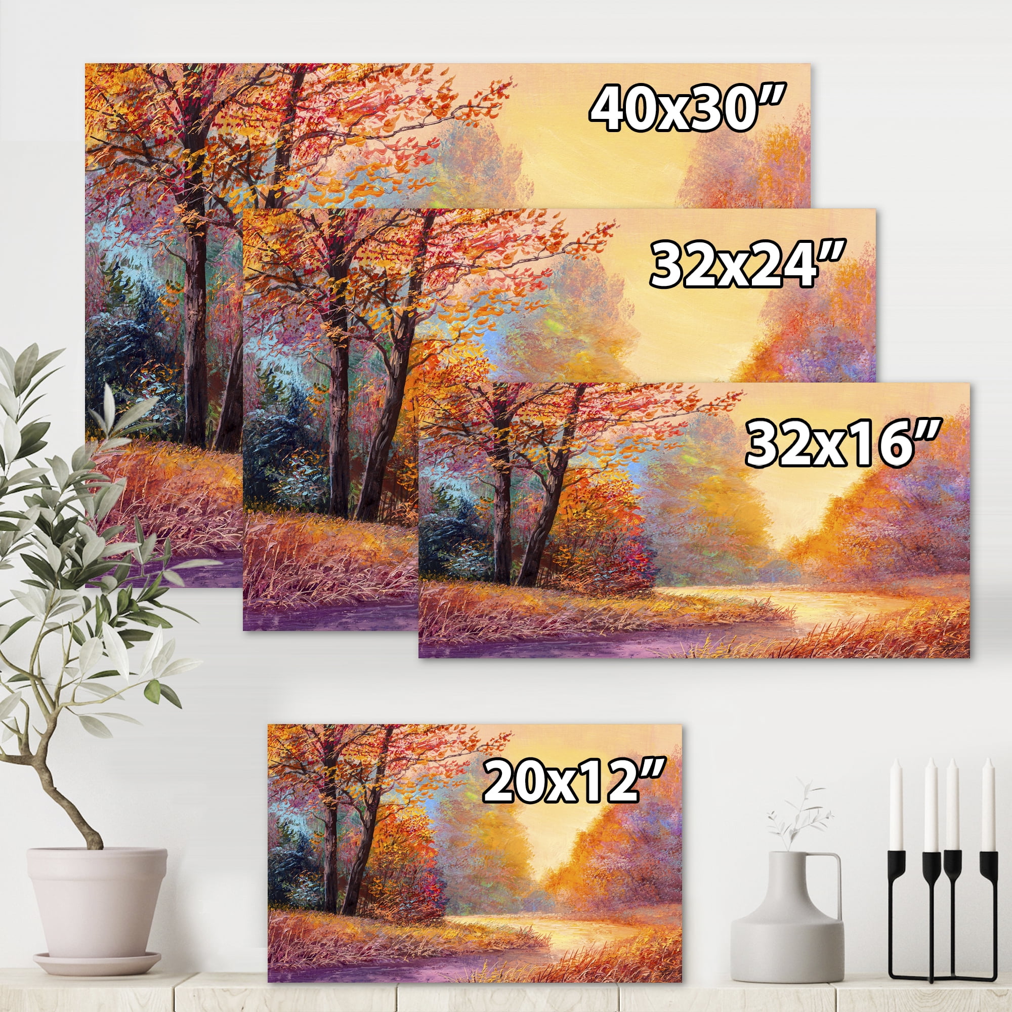 Designart ' The Autumn Forest Orange Leaves Landscape With Path ' Lake House Canvas Wall Art Print