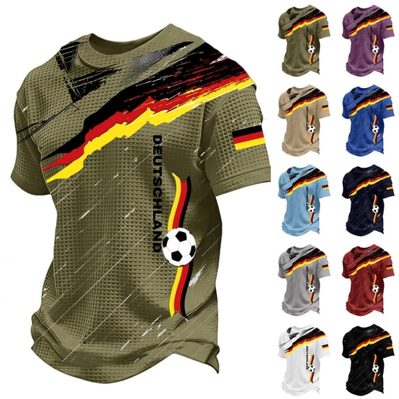 Soccer Cup 2026 Jersey for Men, Crew Neck Short Sleeve Deutschland Brushstroke Graphic Tee with Waffle Knit Texture - Moisture-Wicking Athletic Top for Match Day & Gym Army Green L