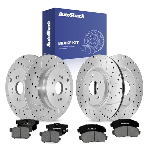 AutoShack Front Vented & Rear Solid Drilled & Slotted Coated Brake Rotors Silver Matte Finish   Premium Ceramic Pads 12-PC Brake Kit Replacement for 2012-2016 Honda CR-V TurboGuard